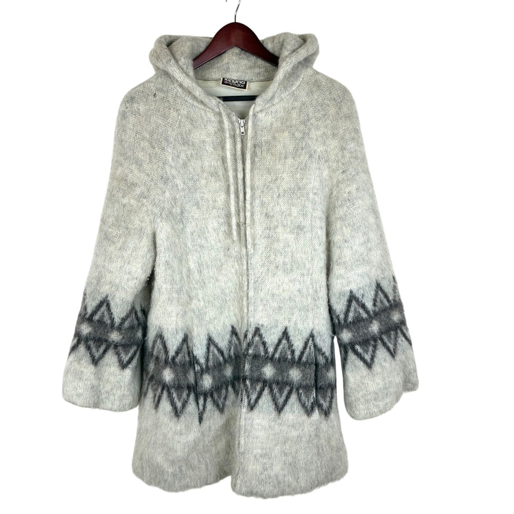 Vtg Samband of Iceland Cardigan L Wool Hooded Nordic Scandi Boho Thick Oversized